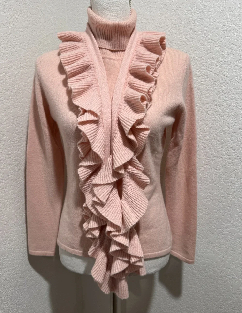 Vintage El Daws Pure Cashmere Turtleneck Womens Sz S w Ruffle Scarf 2 PC Pink